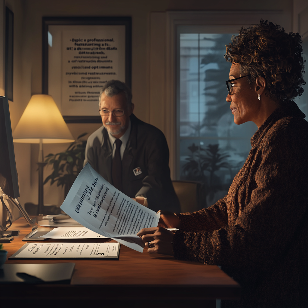 Financial documents reviewed at desk, advisor offers guidance calmly.