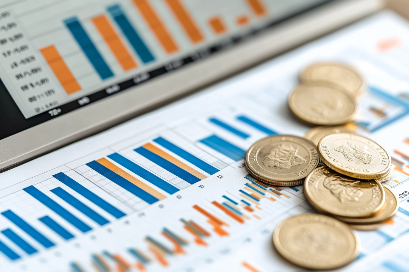 Financial graph on laptop screen with currency coins