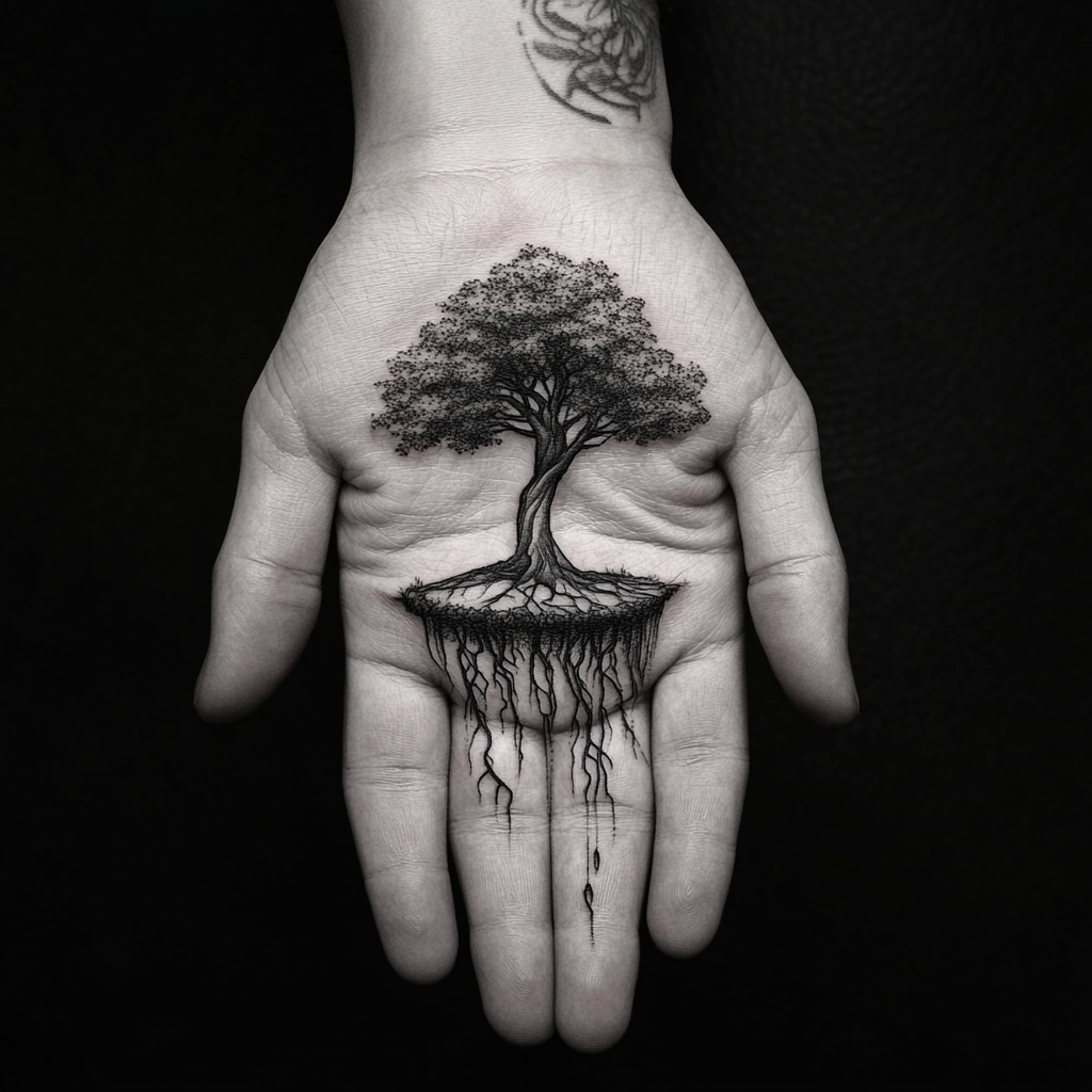 Fine line tattoo of healthy tree on hand palm.