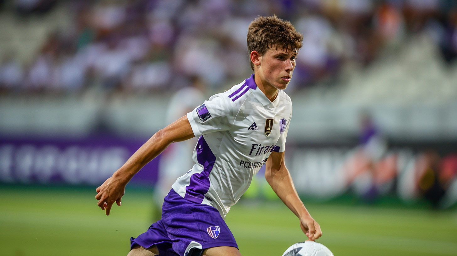 Fiorentina football player dribbling on right wing, dynamic shot.