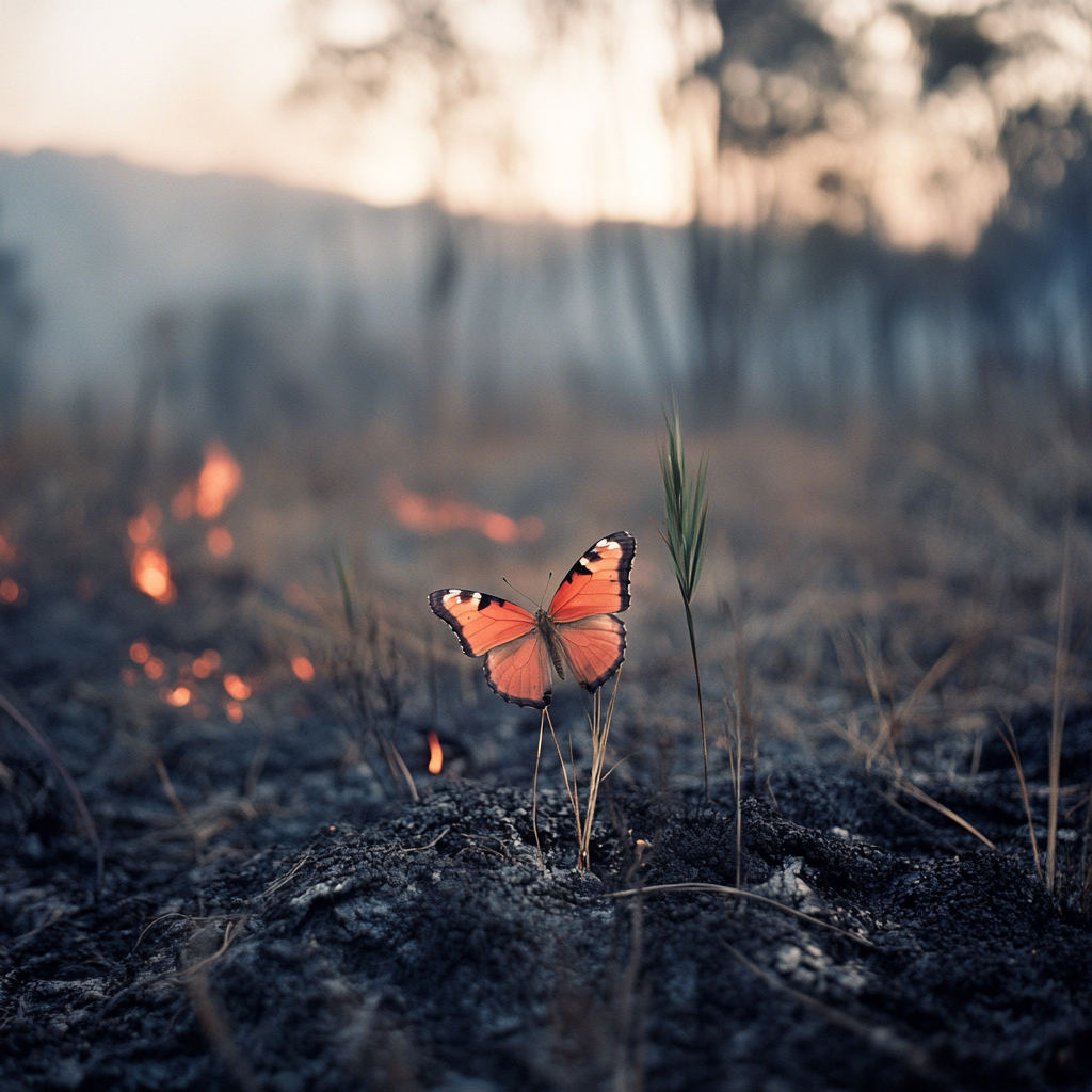 Fire burned through Australian landscape, green grasses regenerate. Butterfly returns.