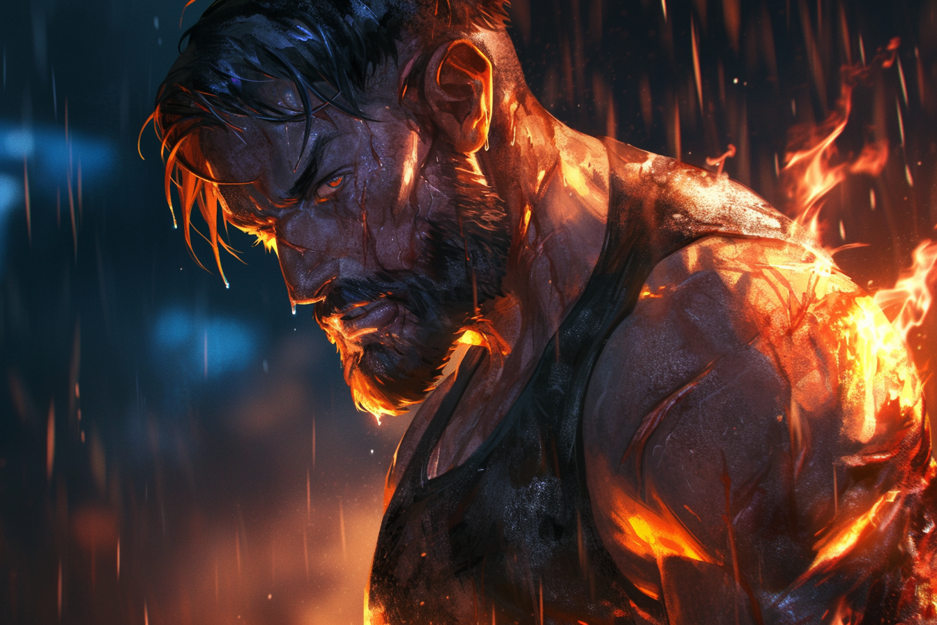 Fire engulfed, thunderstorm, muscular man in torn shirt.