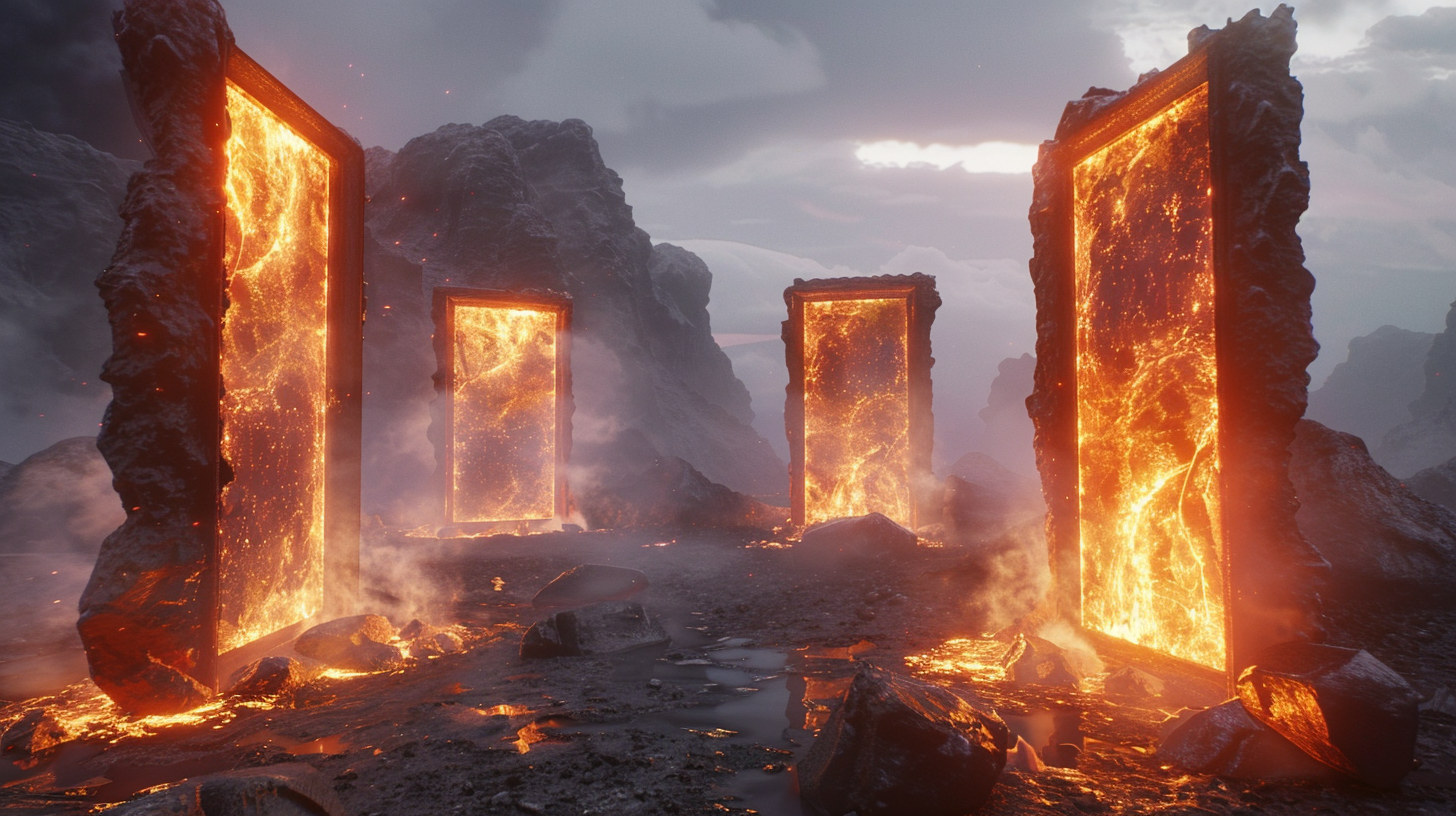 Fire frames hover above steamy volcanic rock. Unreal Engine.