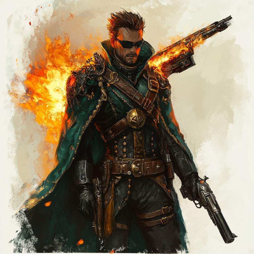 Fire genasi in green cloak, gunslinger with flame rifle.