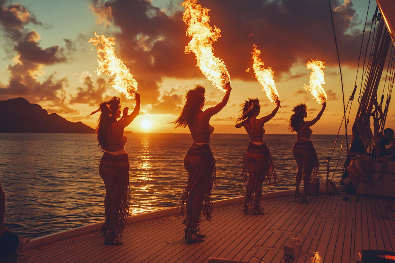 Fire performers on luxury yacht with tropical island backdrop.