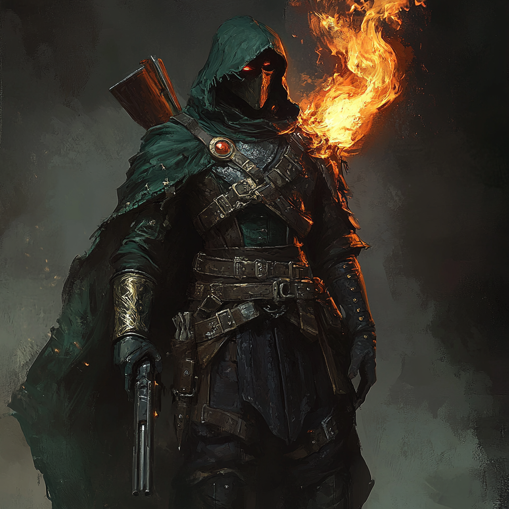 Fire-skinned gunslinger in studded leather armor, flame rifle.