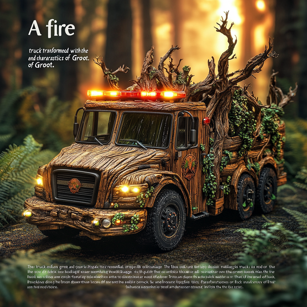 Fire truck transformed into Groot: natural design, glowing headlights.