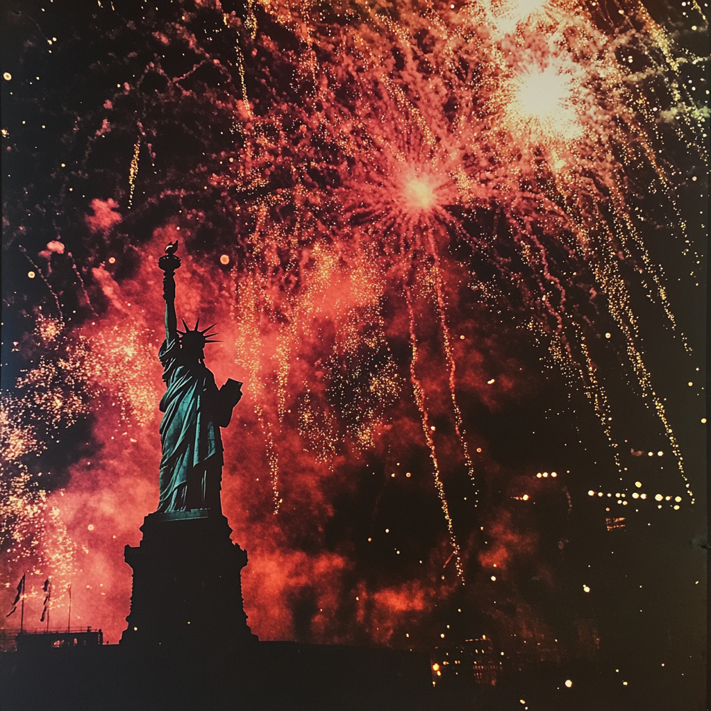 Fireworks light up American flag and Statue