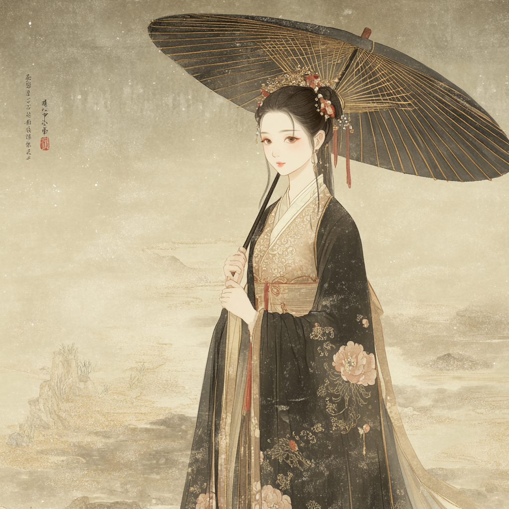 Firm-faced Chinese girl in exquisite Tang costume with umbrella.