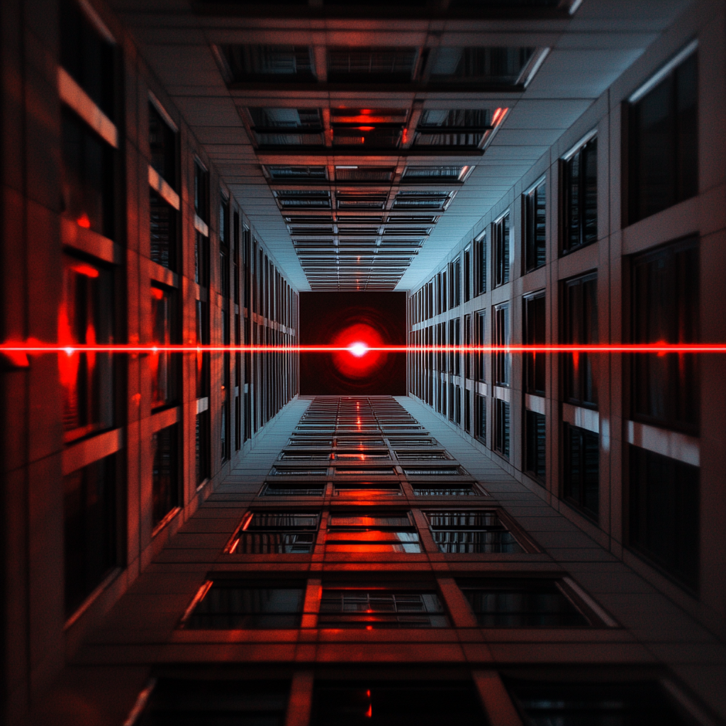 First-person view of red laser in high rise building.