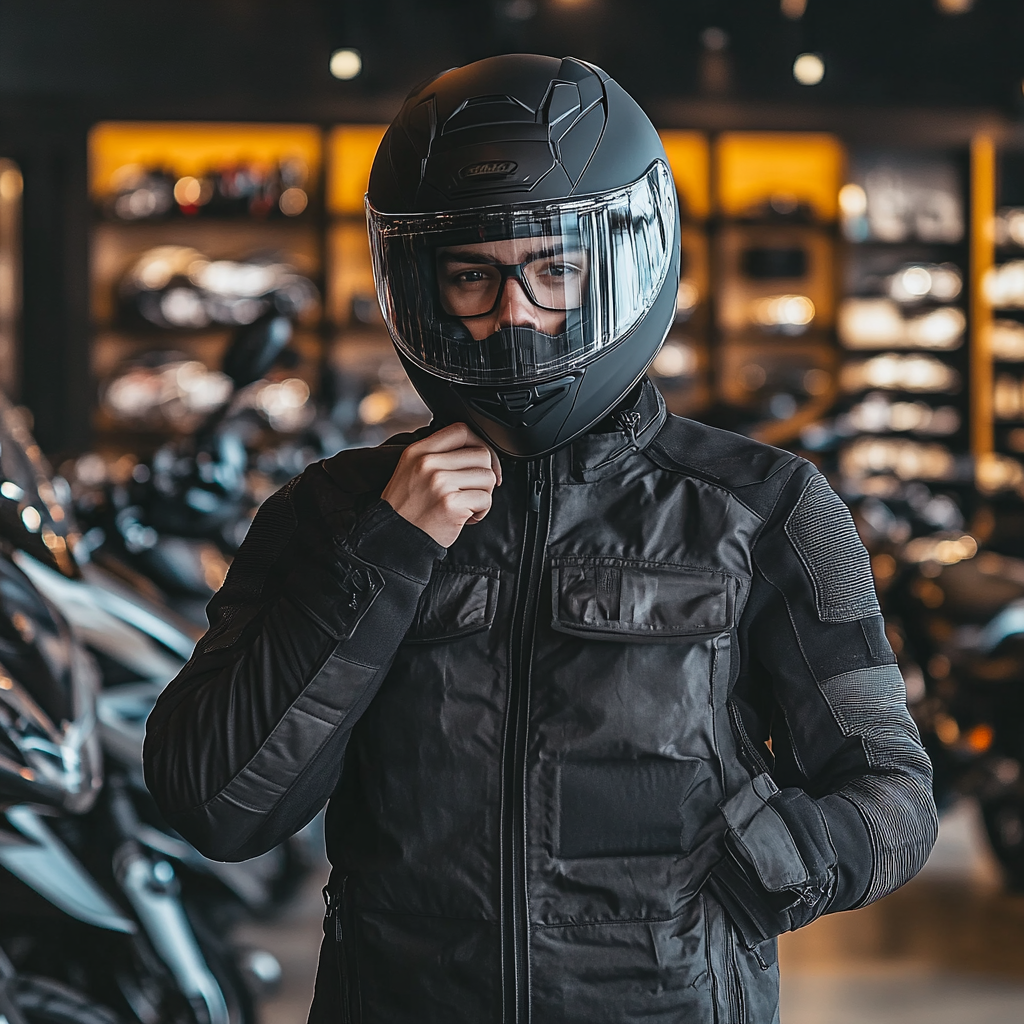 First time in motorcycle gear at modern shop