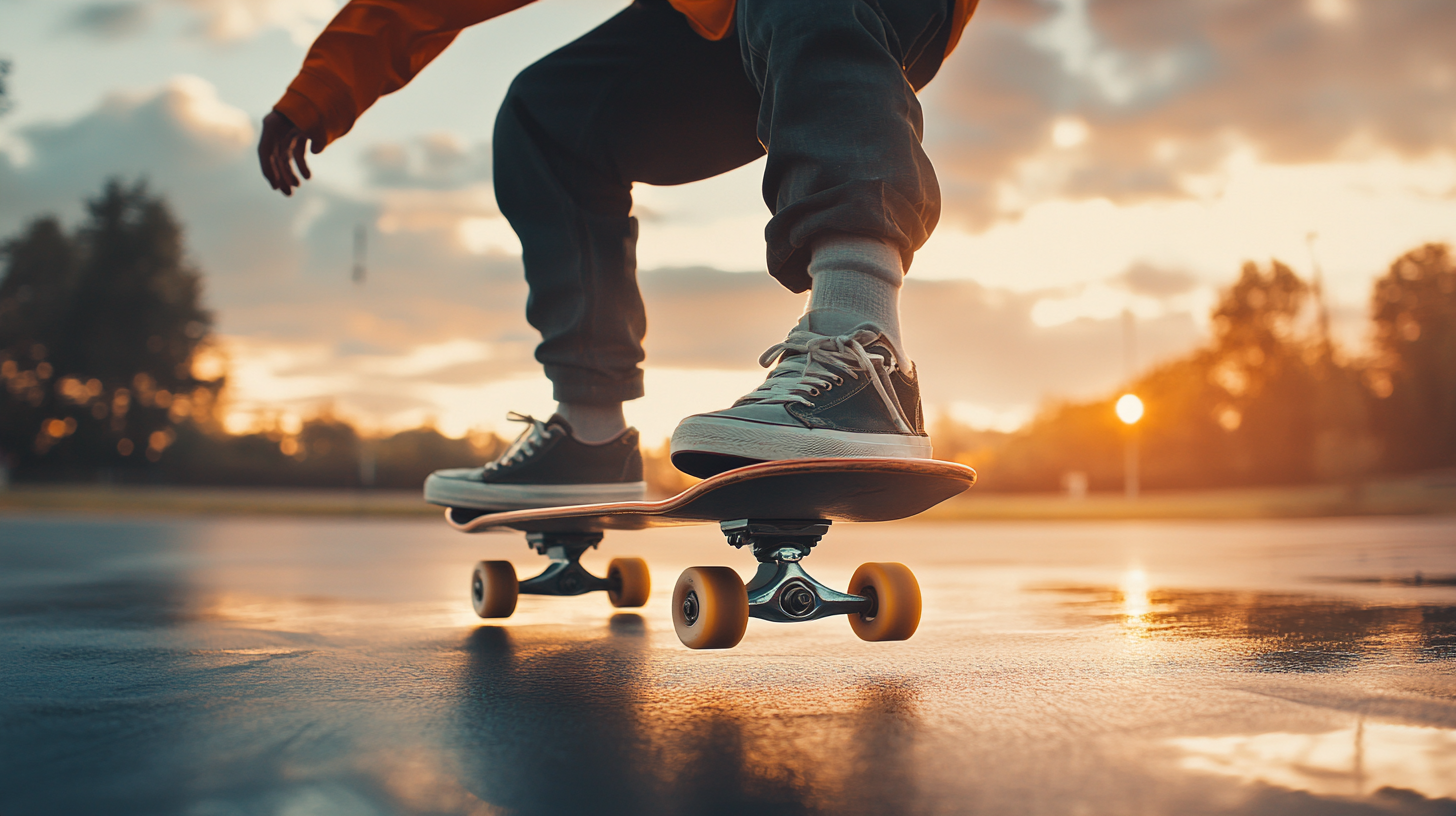 First-time skater in too much gear attempts balance.