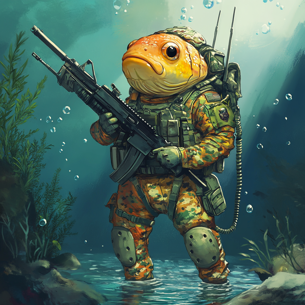 Fish in military uniform with rifle underwater scene.