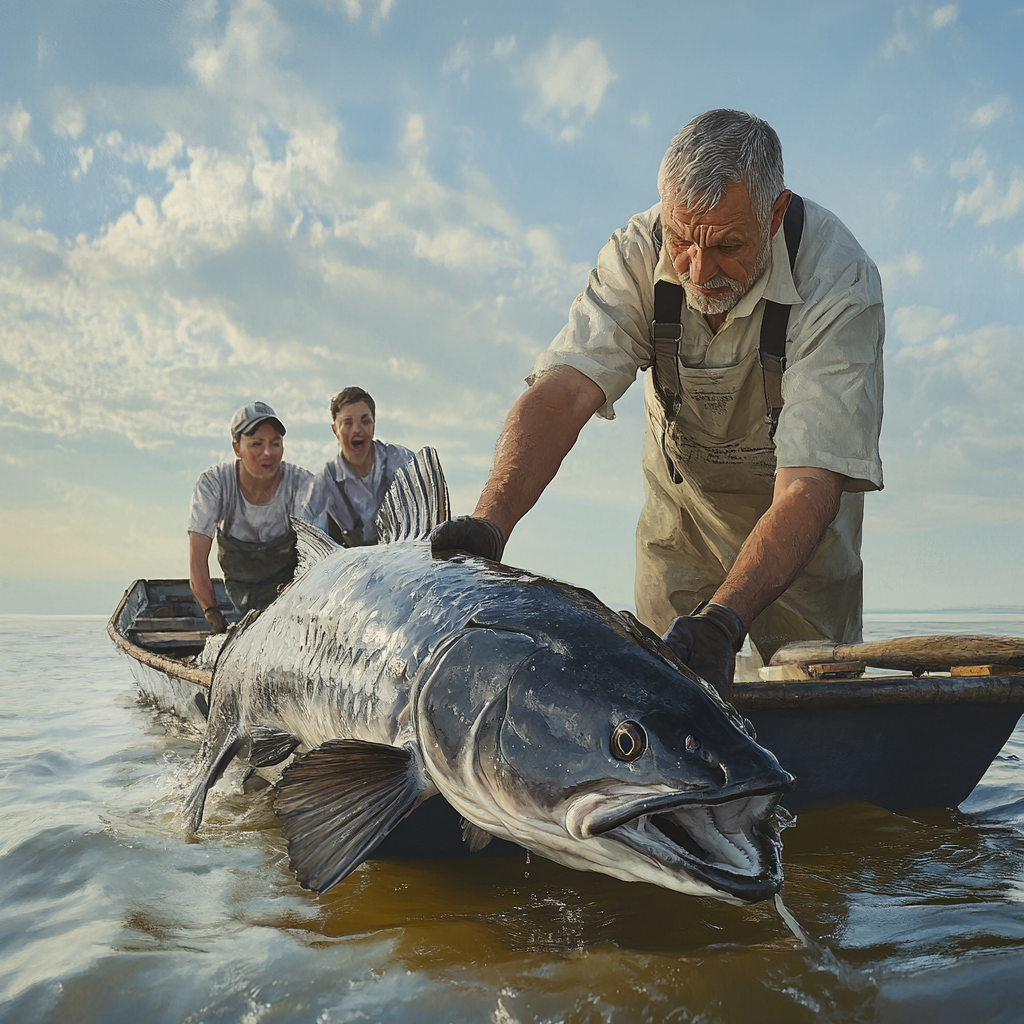 Fisherman in 50s catching catfish in Kazakhstan. Two observers.