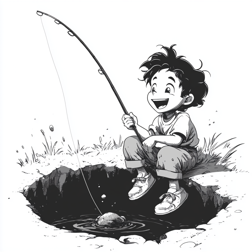 Fishing Boy in Big Hole, Disney Style Illustration