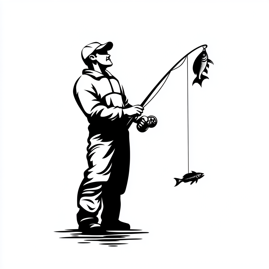 Fishing man with rod catching fish on line vector.