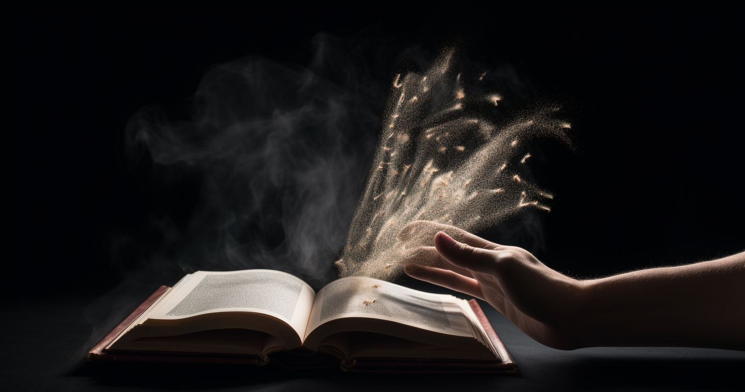 Fist breaking through book pages with dynamic lighting and blur.