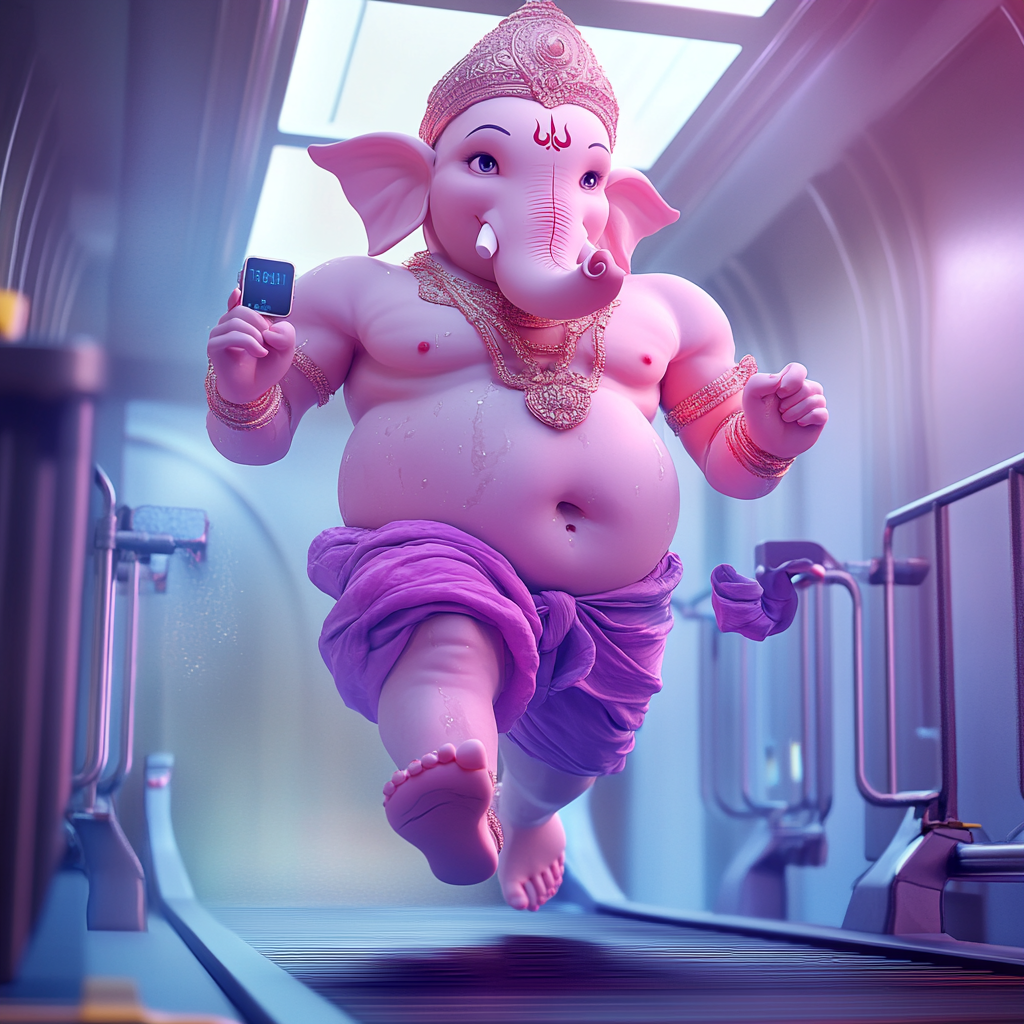 Fit Lord Ganesh running on treadmill in athleisure. Apple watch showing heart rate.