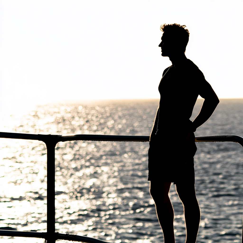 Fit yachtsman admiring sea view from pontoon silhouette.