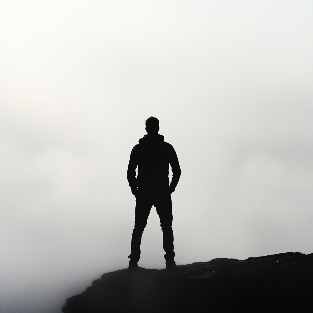 Fit yachtsman stands by sea, black silhouette over white.