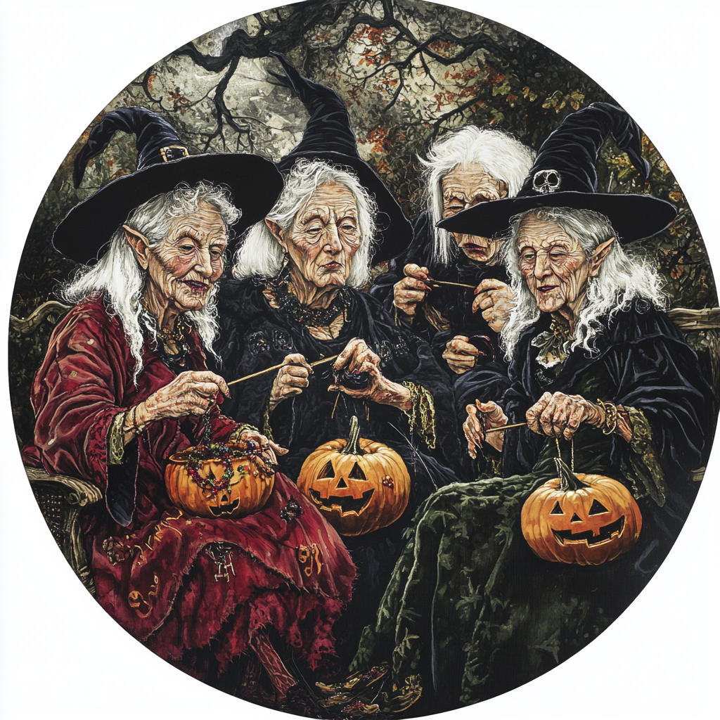 Five Halloween Witches Knitting a Black Scarf