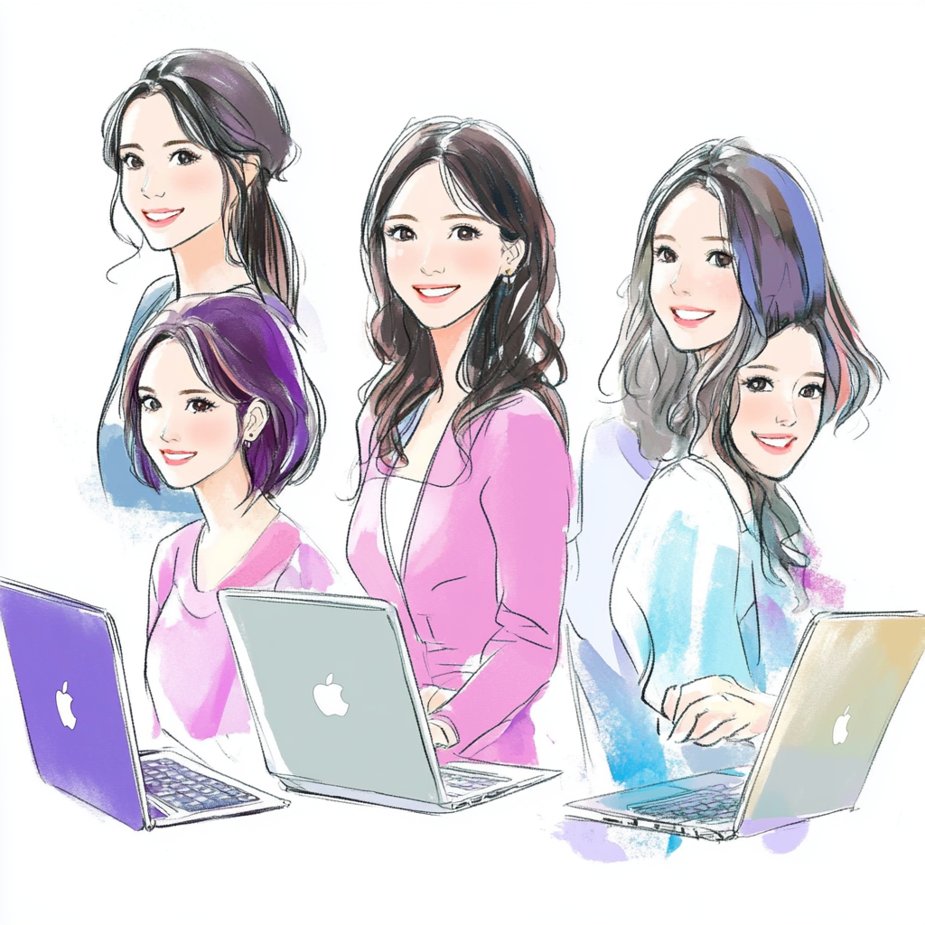 Five Japanese women holding Mac computers, smiling. Glossy hair, purple and blue gradients.