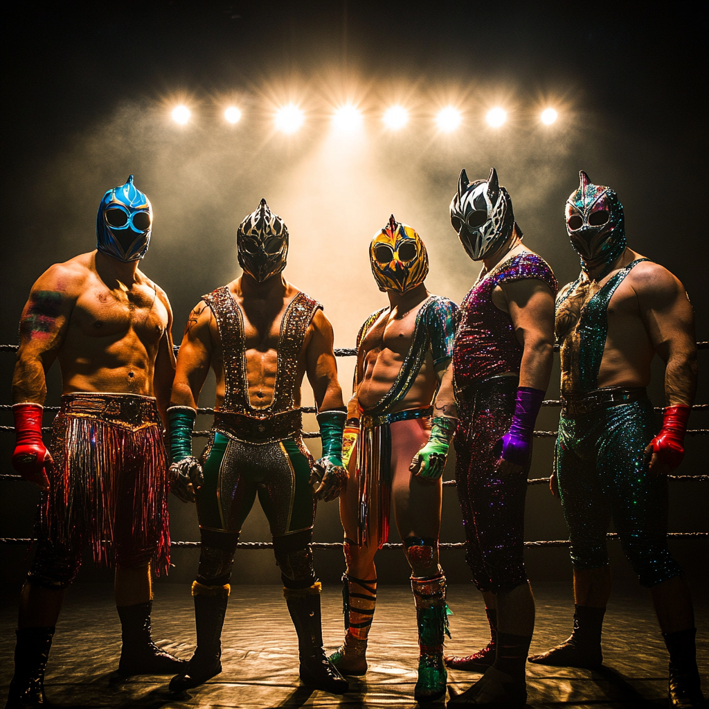 Five Luchadores Pose in Brightly Lit Ring