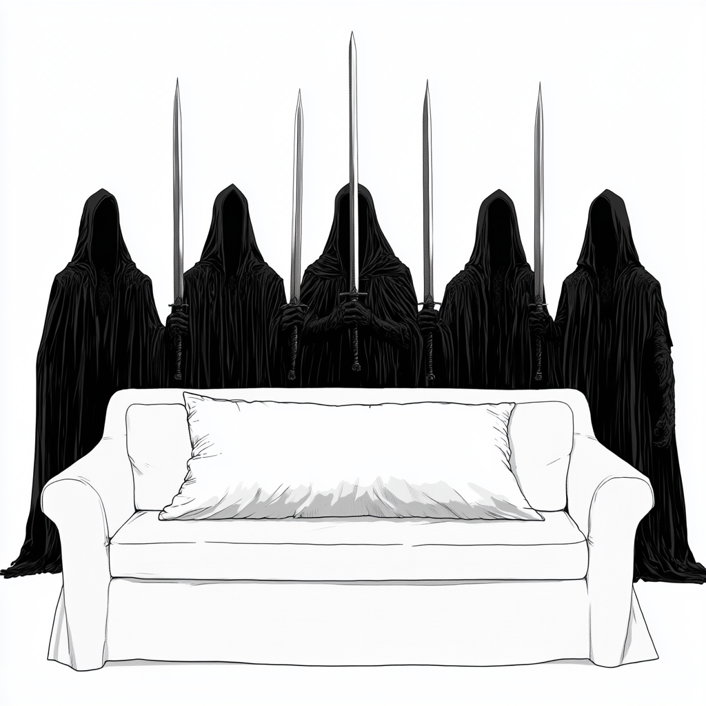 Five Nazgul in black robes with swords standing.