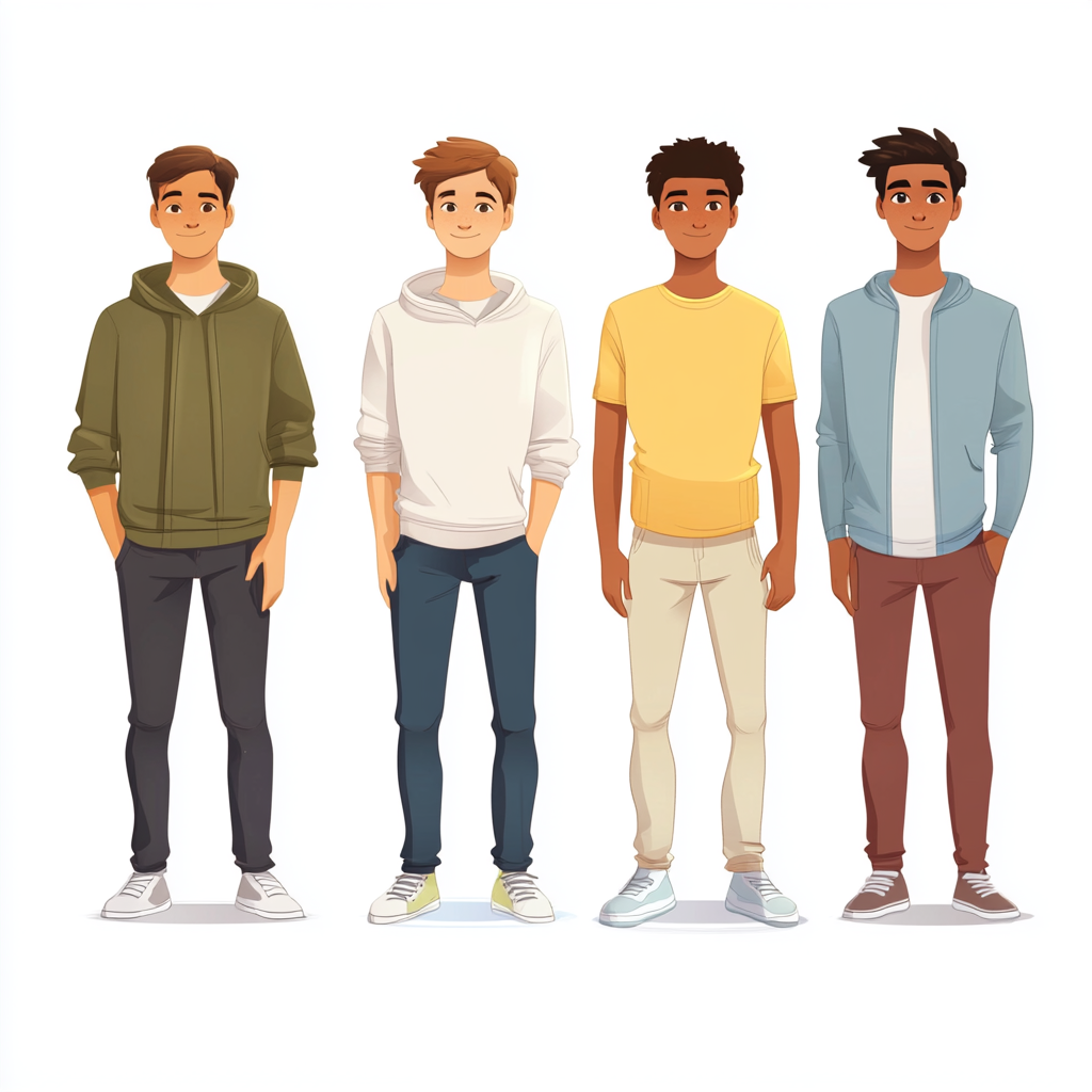 Five different male middle school student cartoon images.