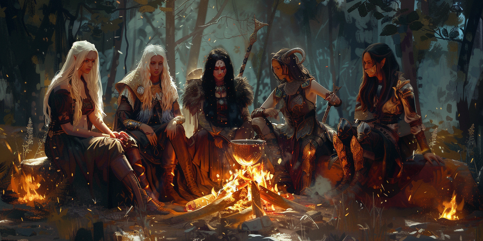 Five goddesses in front of bonfire, captured by camera.