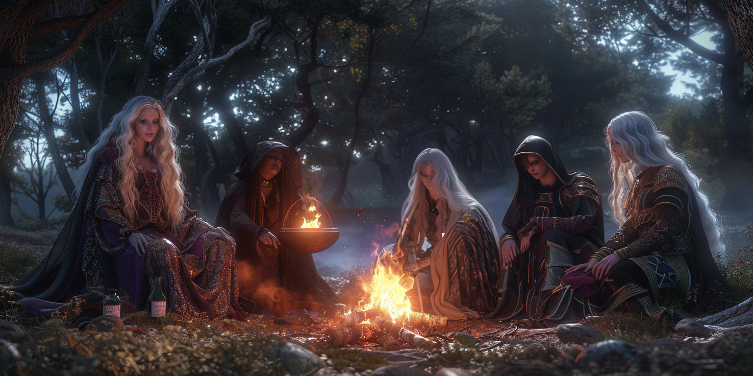 Five goddesses sitting by a campfire, captured photographically.