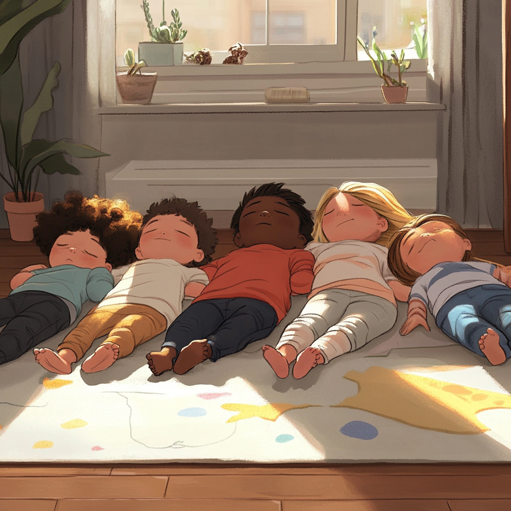 Five kids sleeping, two black, three white cartoon characters.