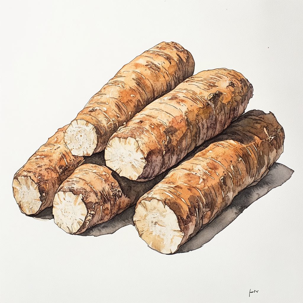 Five long wild yams stacked together in watercolor