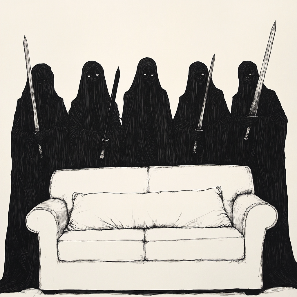 Five nazghouls in black robes with swords, pillow on sofa.