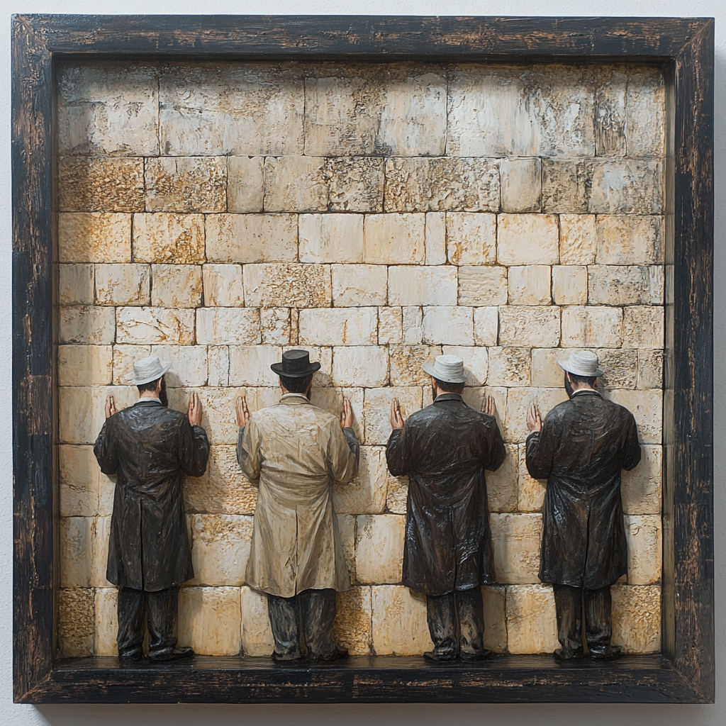 Five rabbis praying at Western Wall in shadowbox