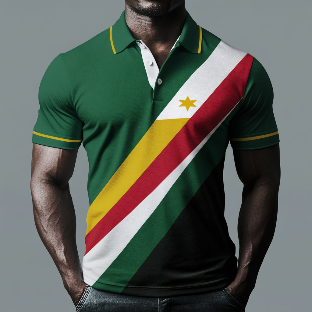 Flag-covered polo shirt for black man with athletic build.