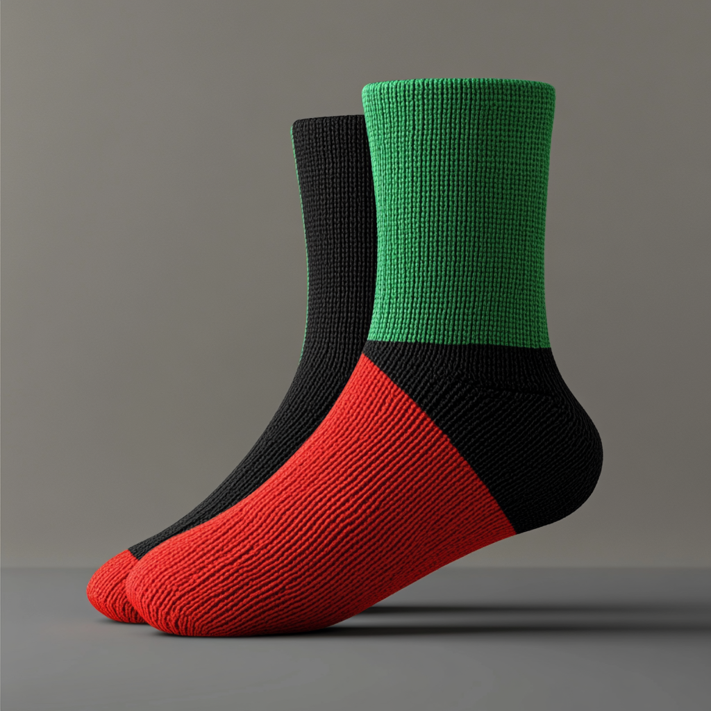 Flag design socks with red triangle, green, and black.