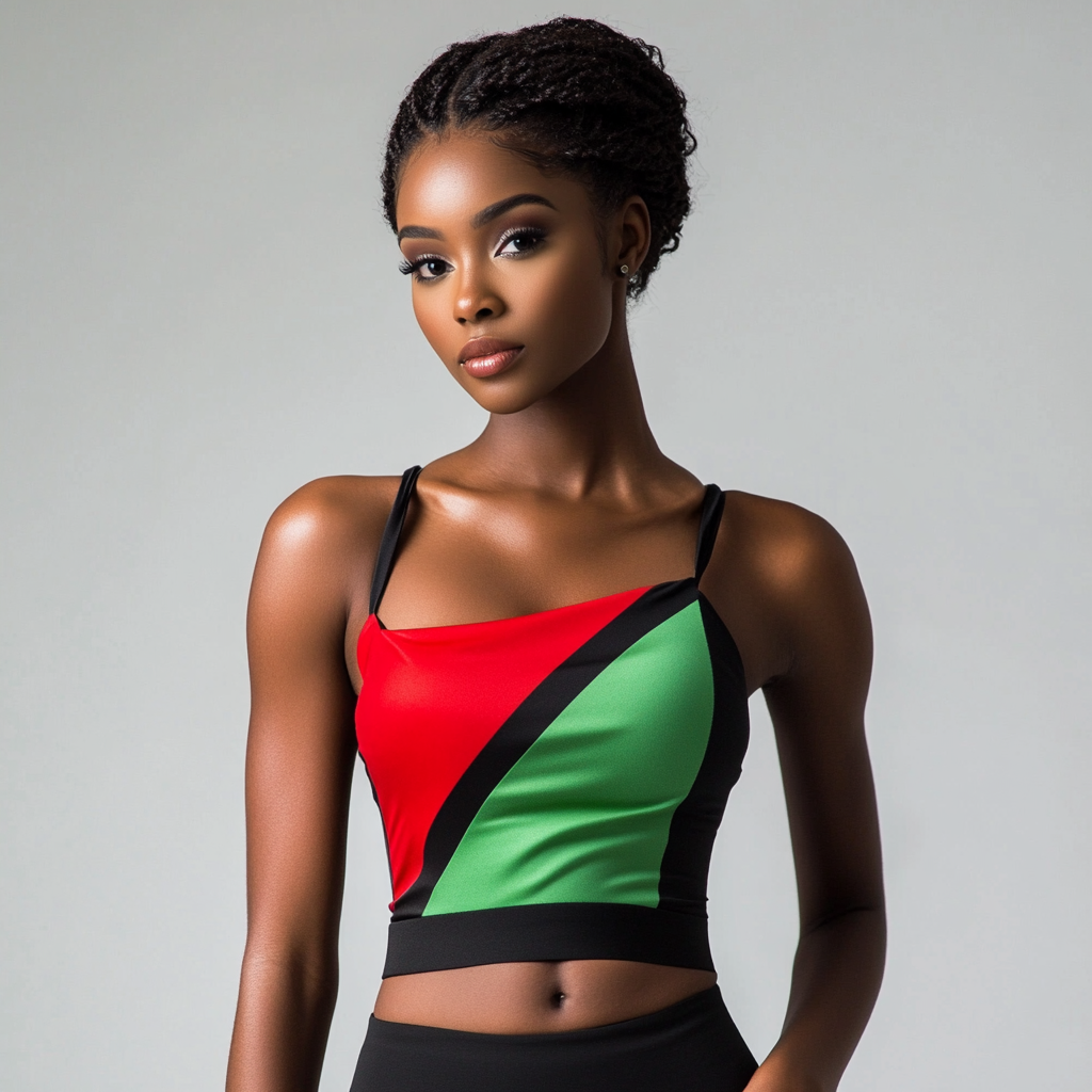 Flag design strappy top on black woman. Silhouette flattering. Smooth material.