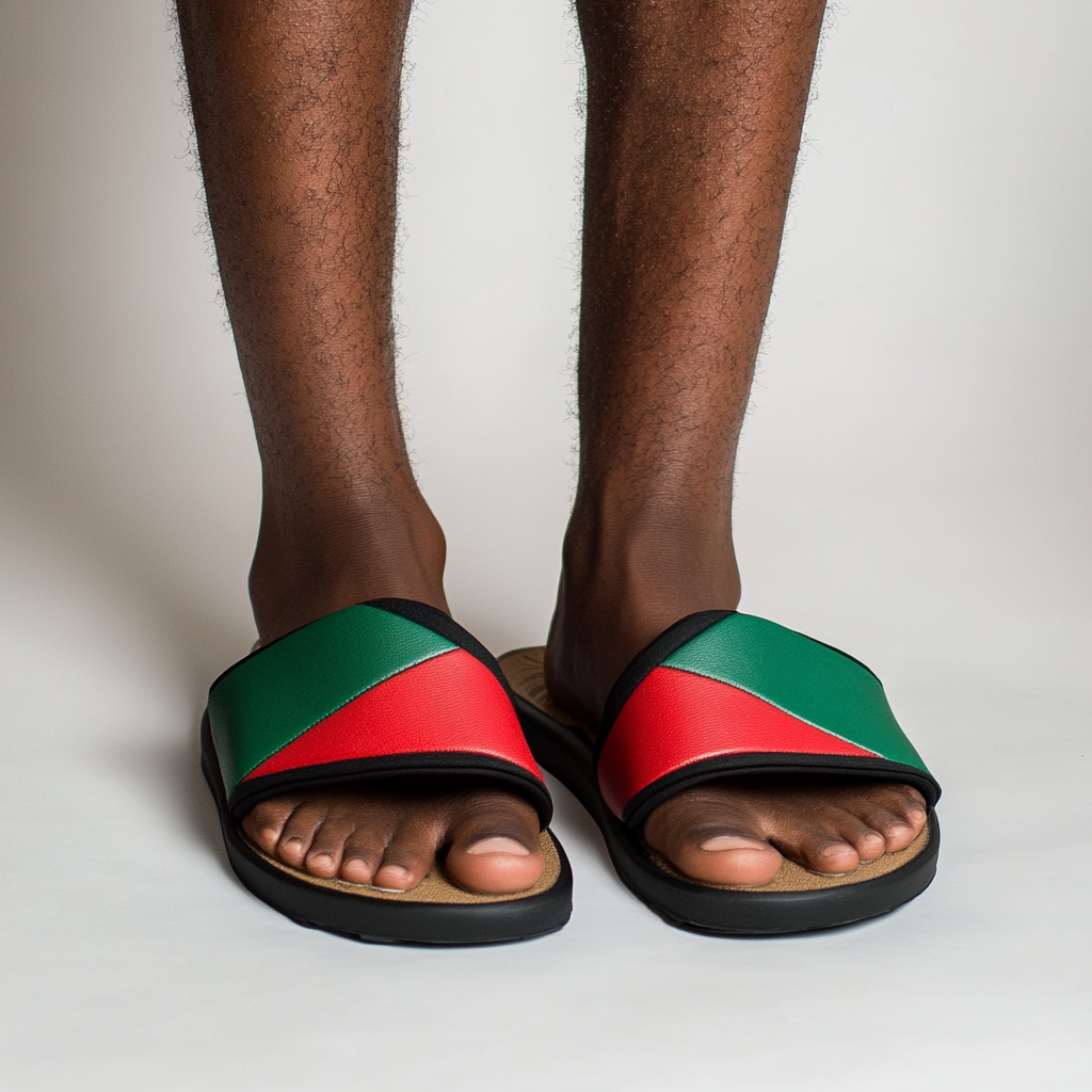 Flag-inspired sandals for black man with red triangle design.