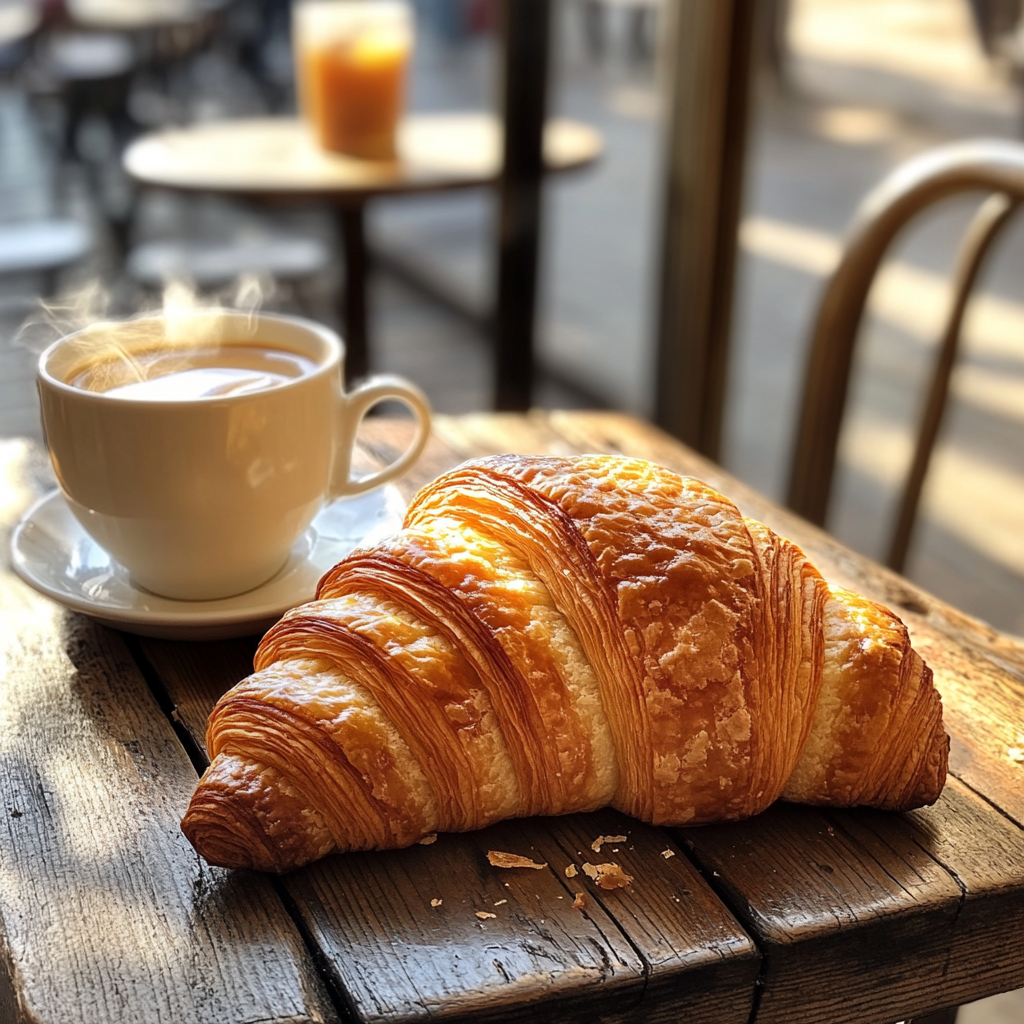 Flaky croissant on table in sunlit Parisian cafe