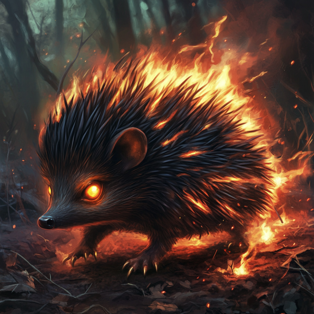 Flaming hedgehog in magical forest with glowing eyes.