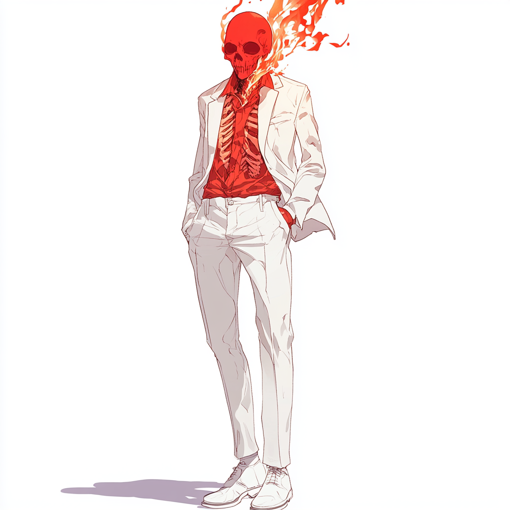 Flaming red skull head bad guy with sarcastic attitude.