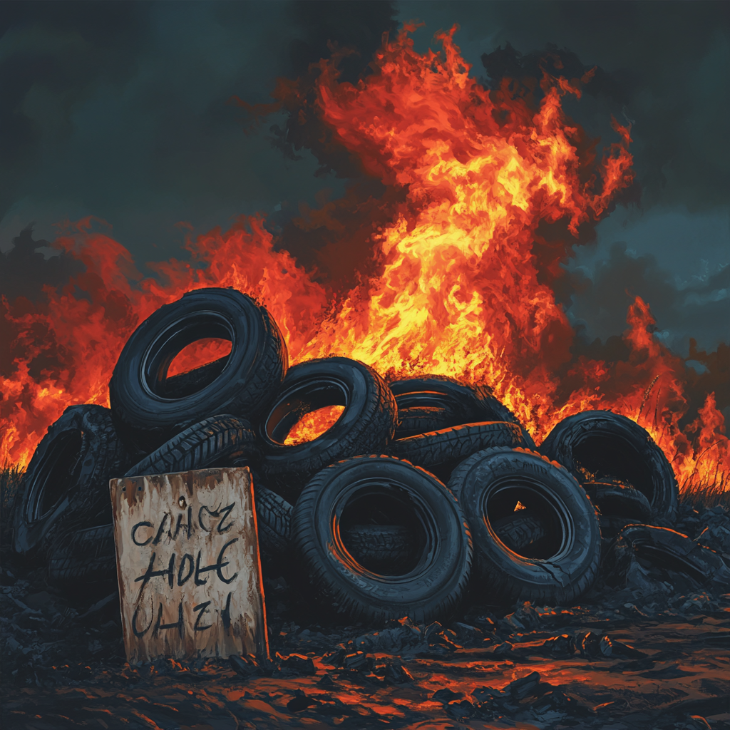 Flaming tires pile near old sign in cartoon