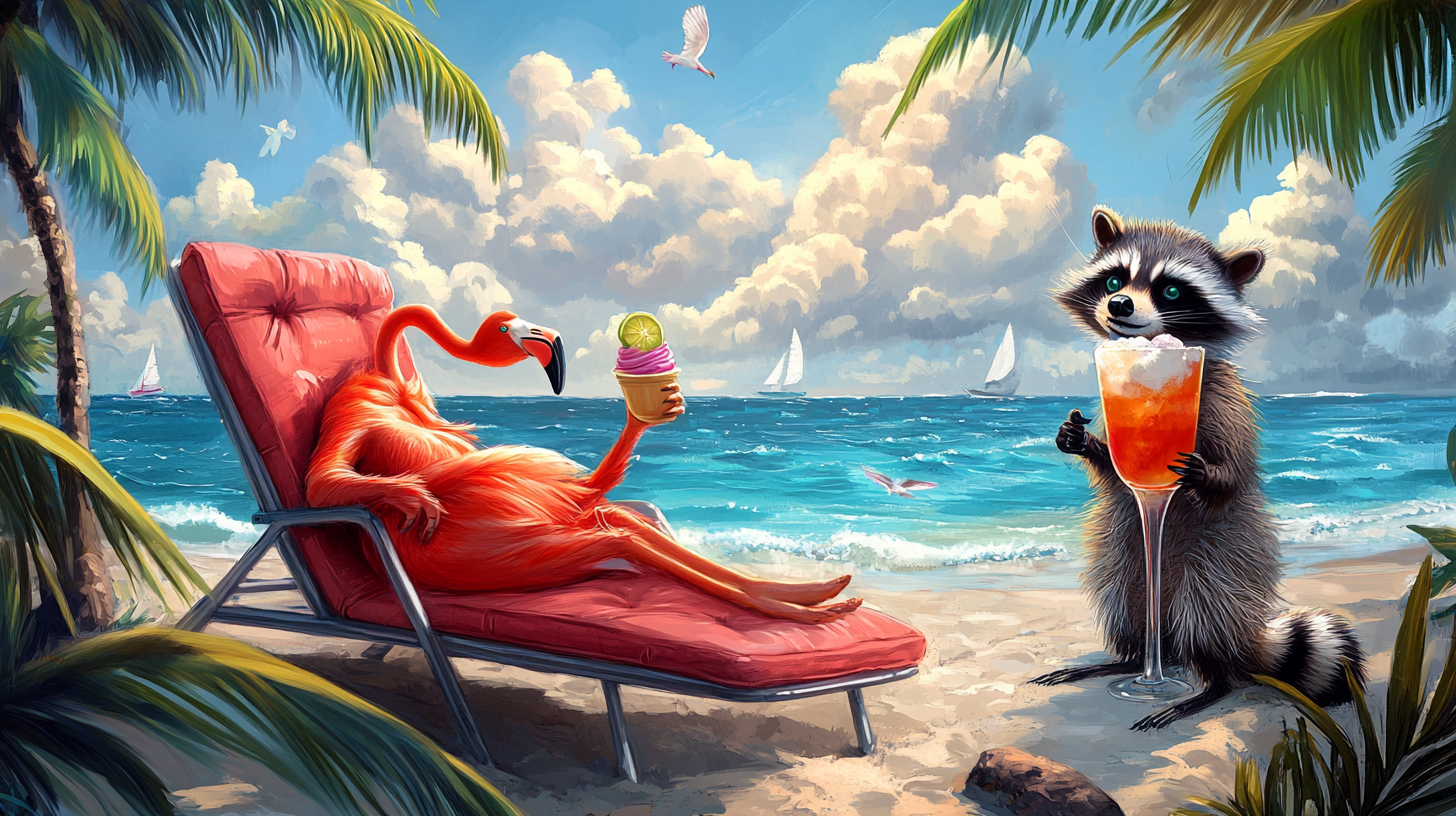 Flamingo lounging with raccoon friend at beach.