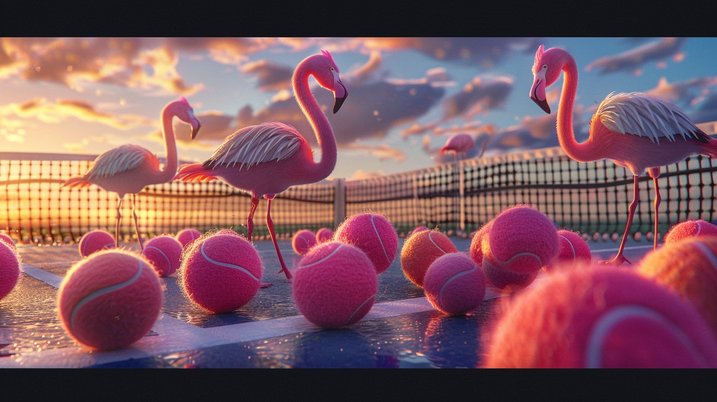 Flamingos on Tennis Court at Sunset