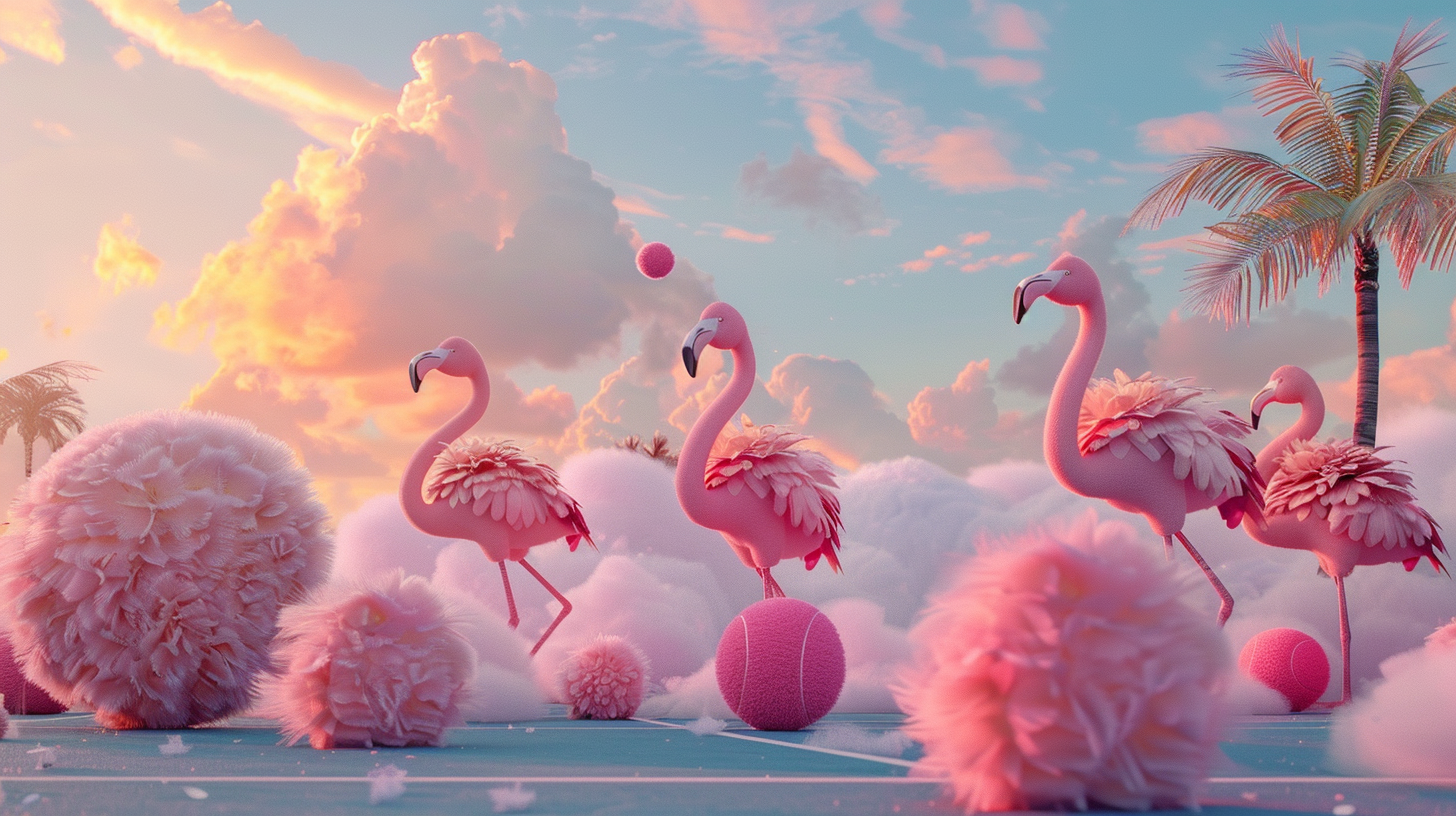 Flamingos on tennis court at Miami sunset