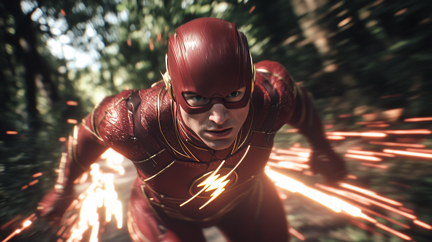 Flash running with speed trail, detailed full body shot.