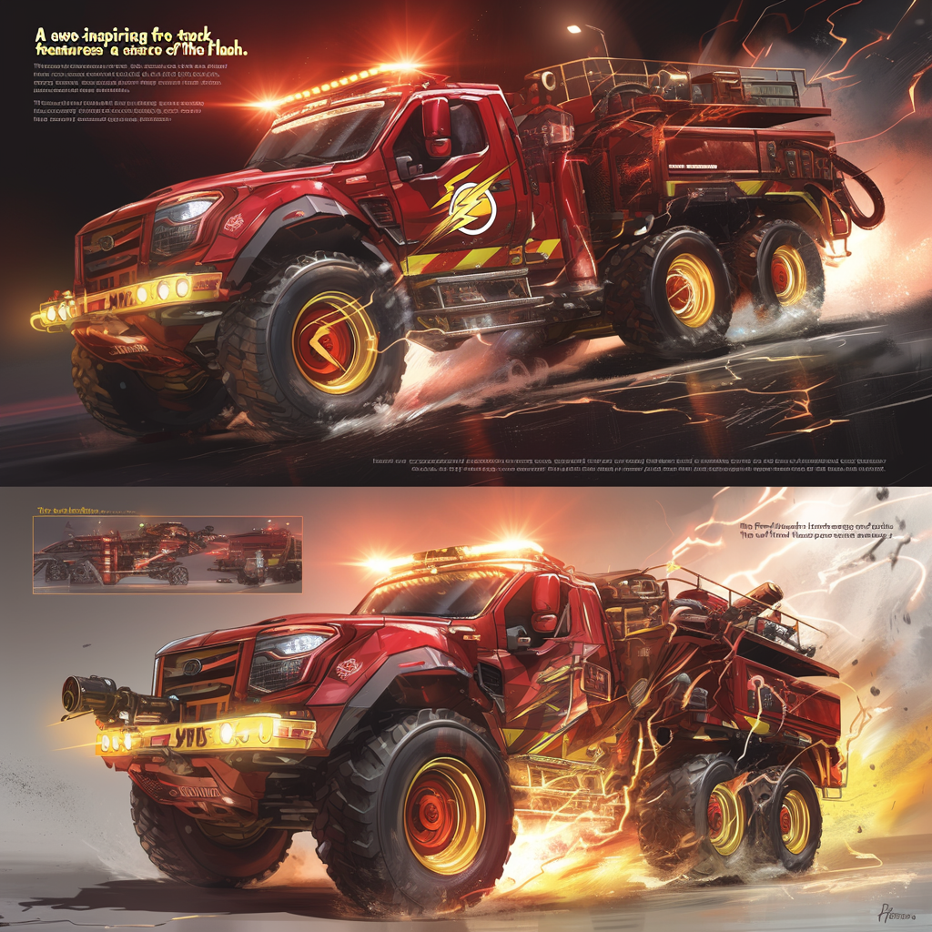 Flash-themed fire truck with lightning design, dynamic urban setting.