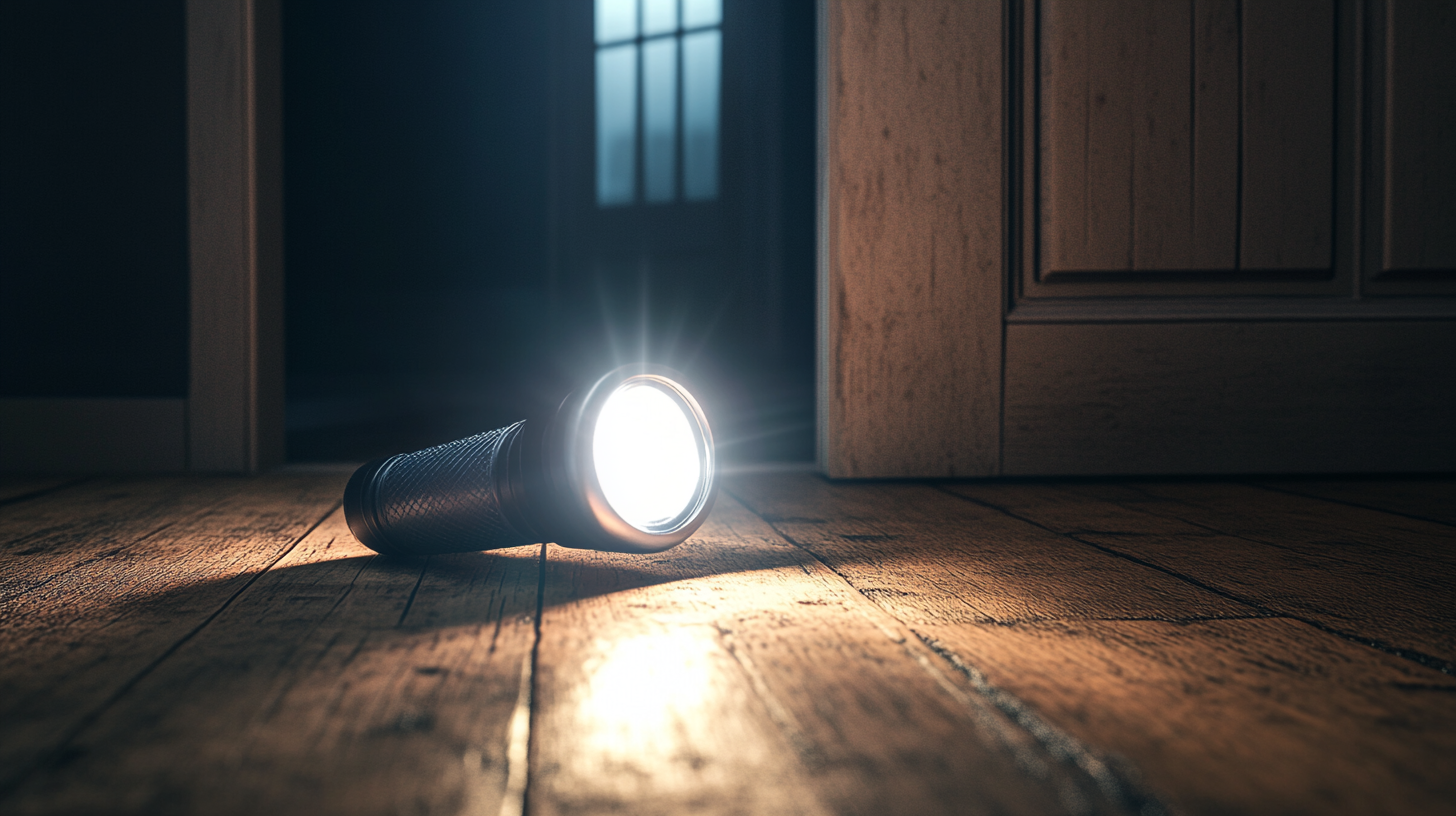 Flashlight illuminating doorway to dark room on wooden floor.