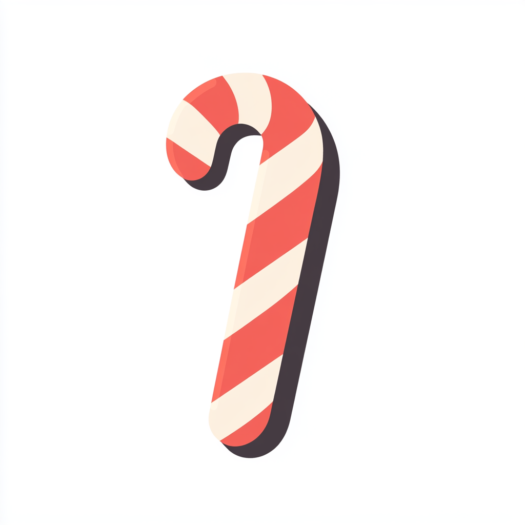 Flat cartoon candy cane with muted colors on white background.